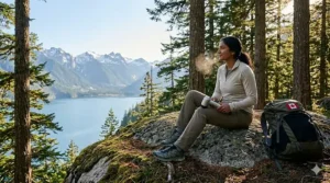 A hiker resting near a mountain trail in British Columbia using a portable handheld massager for leg relief.