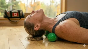 An illustration of lacrosse massage balls in a gym bag, highlighting their portability for Canadian travelers.