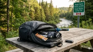 A lightweight muscle roller stick for cyclists tucked into a backpack for a bike trip in Quebec.