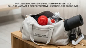 A portable spiky massage ball packed in a gym bag alongside a water bottle with a maple leaf logo, ideal for Canadian athletes.