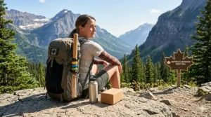 A portable trigger point stick tucked into a professional hiking backpack overlooking a trail in the Canadian Rockies.
