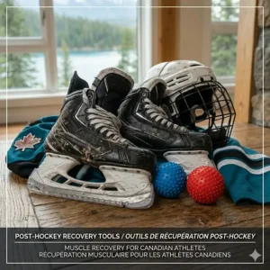 Illustration of hockey skates and gear next to trigger point balls, highlighting recovery for Canadian athletes.