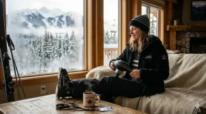 Graphic showing a skier using a deep tissue massager for back pain recovery after a day at Whistler.