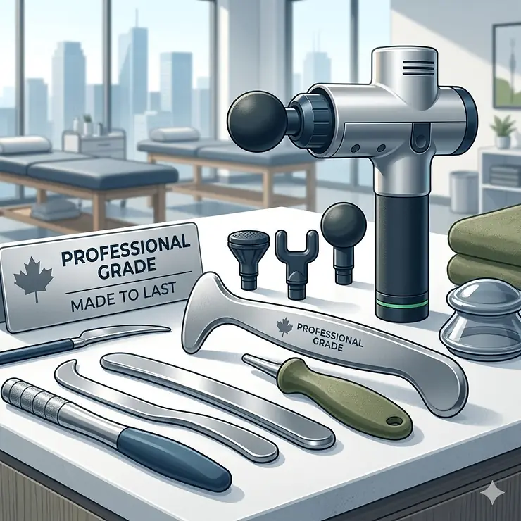 A high-resolution photo of a Canadian Registered Massage Therapist (RMT) in a Toronto clinic, using a professional grade massage gun and stainless steel tools on a client. Large windows reveal a city view.