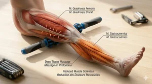 Diagram showing how a muscle roller stick for cyclists relieves tension in the quads and calves.