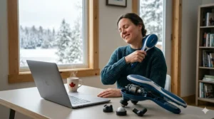 Illustration of a remote worker in Toronto using a handheld massager for neck and shoulders to relieve desk-related muscle tension.