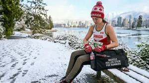 Diverse members of a Montreal running club sharing tips on using a muscle roller stick for leg recovery.