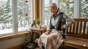 An active Canadian senior using a handheld massager for back pain to maintain mobility.