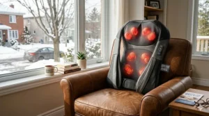 Shiatsu massager for back pain relief (soulagement du mal de dos) showing heat therapy nodes.