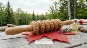 Comparative graphic showing skin texture improvements after consistent use of a wooden massage roller for cellulite.