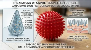 Detailed view of the durable, non-toxic spikes on a massage ball designed for deep tissue sensory stimulation.