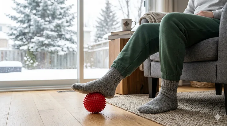 A person in Canada using a firm spiky massage ball for plantar fasciitis relief in a cozy home setting with a snowy view.