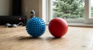 Comparison shot of a spiky blue massage ball and a smooth red lacrosse ball on a wooden floor with a Canada-branded exercise mat.