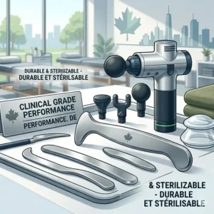 A stylized graphic illustration of a high-performance athlete in a Canadian training facility using professional grade massage tools to accelerate muscle recovery after exercise.