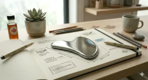 Comparison chart between a stainless steel gua sha and traditional jade, emphasizing the steel's cooling effect and durability.