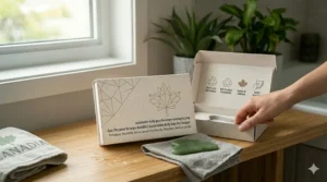 Illustration of a body gua sha scraper in eco-friendly, recyclable packaging localized for the Canadian market.