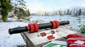 An athlete using a muscle roller stick for runners while resting on a trail in the Canadian Rockies.