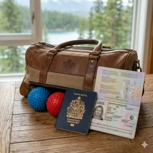 Illustration of trigger point balls packed in a gym bag next to a Canadian passport, emphasizing travel-friendly recovery.