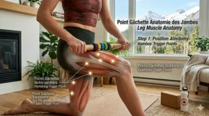 Anatomical illustration of leg muscles highlighting common pressure points and nodes for a trigger point stick massage session.