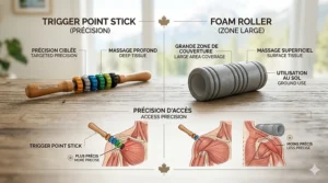 A side-by-side comparison chart showing the precision of a trigger point stick versus a traditional foam roller for deep tissue therapy.