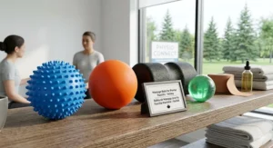 A variety of spiked and smooth massage balls for foot pain displayed in a bright, modern Canadian physiotherapy clinic.