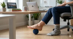 A professional using a spiked massage ball under a desk in a Canadian home office to manage heel pain while working.