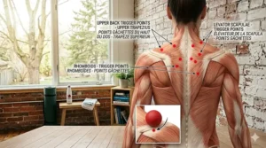 Illustration of the upper back and traps identifying specific trigger points where a lacrosse ball can alleviate tension and knots.