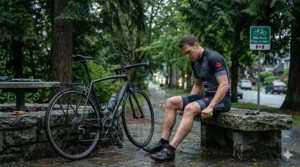 A Vancouver bike commuter using a muscle roller stick to soothe leg muscles after a rainy city ride.