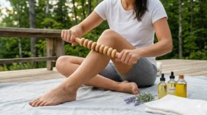 A relaxing Canadian self-care routine featuring a wooden massage roller for cellulite and natural body oils.