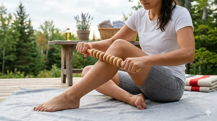 A Canadian woman using a professional wooden massage roller for cellulite treatment in a bright, modern home setting.