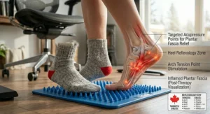 Acupressure mat massager targeting specific foot reflexology points to relieve plantar fasciitis.
