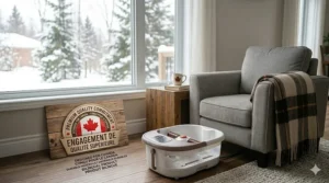 A pregnant woman relaxing in a living room while soaking her feet in a steaming foot spa with heat and massage, under a bilingual heading that reads "MOTHERS & EXPECTANT MOMS / MAMANS ET FUTURES MAMANS."