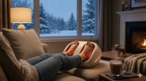 Graphic comparing the warmth of a heated foot massager against a non-heated model during a cold Canadian winter.