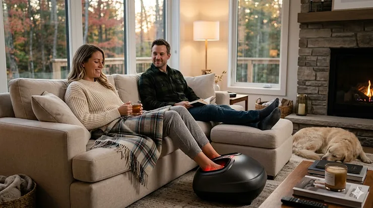 A person relaxing in a cozy Canadian living room using a premium electric foot massager near a fireplace.