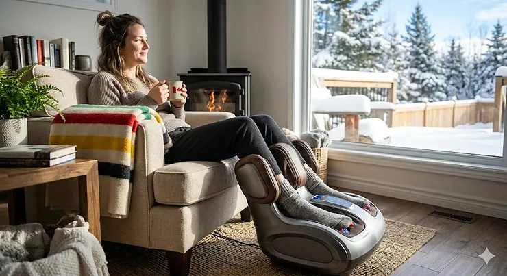 A person using an electric foot massager for plantar fasciitis relief in a cozy Canadian living room.