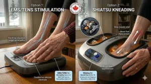 A comparison guide illustrating different types of home foot massagers available in Canada, evaluating how EMS and Shiatsu models help with neuropathy pain.