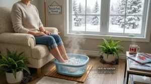 Illustration of a warm, steaming water foot spa in a cozy living room during a Canadian winter, highlighting the difference in heat retention.