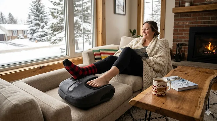 A person relaxing in a cozy Canadian living room using a premium heated foot massager to warm up after a cold winter day.