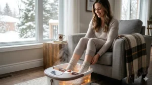 A high-end foot spa unit sitting on a wooden floor next to a premium Canadian certification badge that reads "PREMIUM QUALITY COMMITMENT / ENGAGEMENT DE QUALITÉ SUPÉRIEURE."