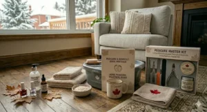 Graphic representation of an eco-friendly home pedicure foot spa kit with clean, bilingual English and French Canadian labeling (Soin des pieds).