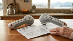 Graphic showing a massager paired with a bilingual English and French instruction manual for Canadian users.