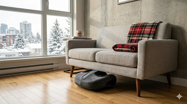 Illustration of a compact heated foot massager designed for easy storage in Canadian apartments and condos.