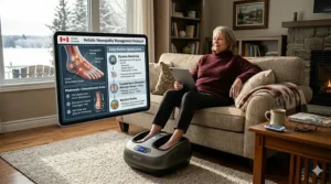 Infographic outlining diabetic neuropathy foot care tips for Canadians, featuring safe blood sugar monitoring and the routine use of gentle foot massagers.