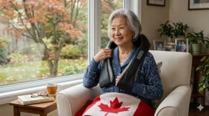 A Canadian senior smiling while using an easy-to-use neck massager in a cozy, sunlit living room.