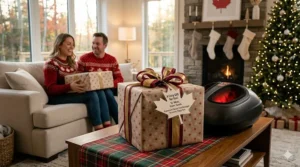 Illustration of a wrapped electric foot massager with a maple leaf gift tag, perfect for Canadian holidays.