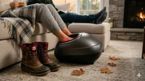 Illustration of warm boots next to an electric foot massager, highlighting relief after a cold day in Canada.