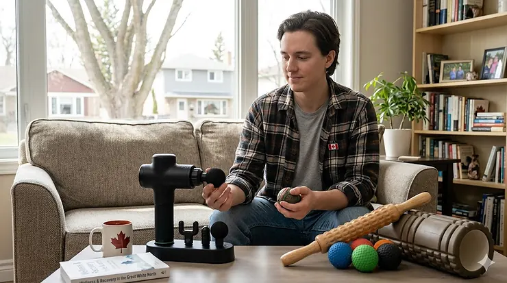A person in a cozy Canadian home comparing electric vs manual massage tools to soothe sore muscles after a day of winter sports.