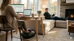 A digital drawing of a professional using an electric foot massager under a desk during a remote work session.