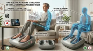 Ergonomic user guide illustration showing the correct sitting posture when using a foot massager for circulation at home or the office.