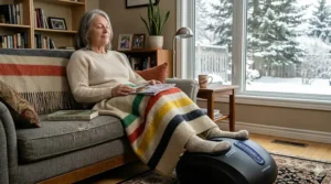 An active Canadian senior using a home foot massager for neuropathy to relieve nerve discomfort after a day of outdoor activities.